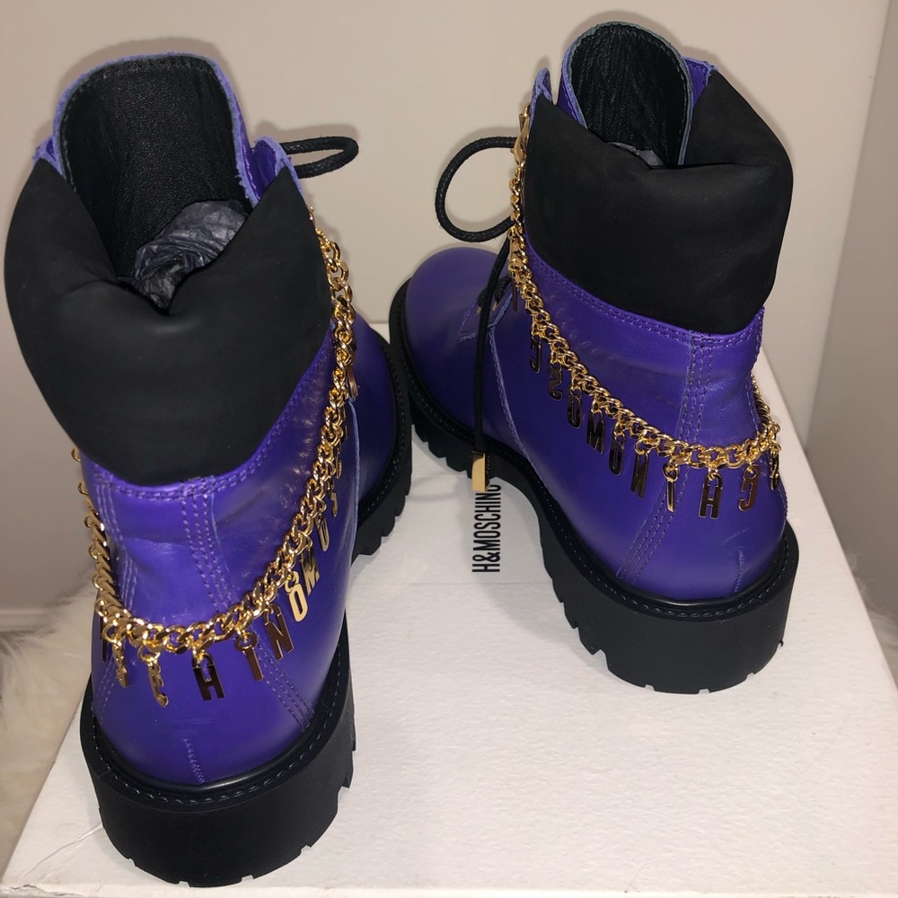 New Moschino & H&M Collaboration Purple Leather Chain Boots